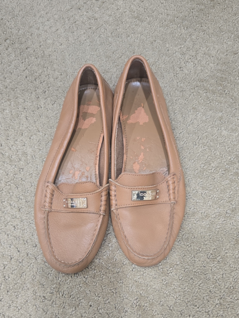Coach Women’s Nude Tan Leather Slip-On Loafers with Metal Plaque 8